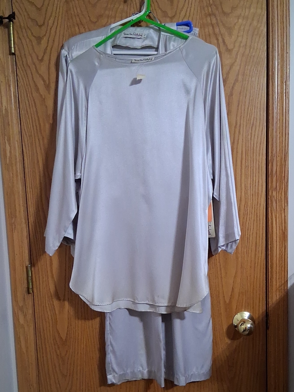 4 piece vintage Diane Von Furstenberg silver satin outfit, size L